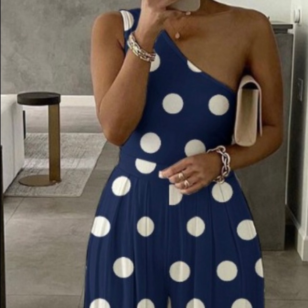 Polkadot Print One Shoulder Ruched Jumpsuit